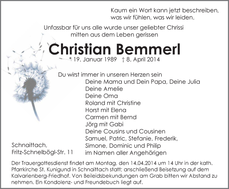  Traueranzeige für Christian Bemmerl vom 11.04.2014 aus Pegnitz-Zeitung